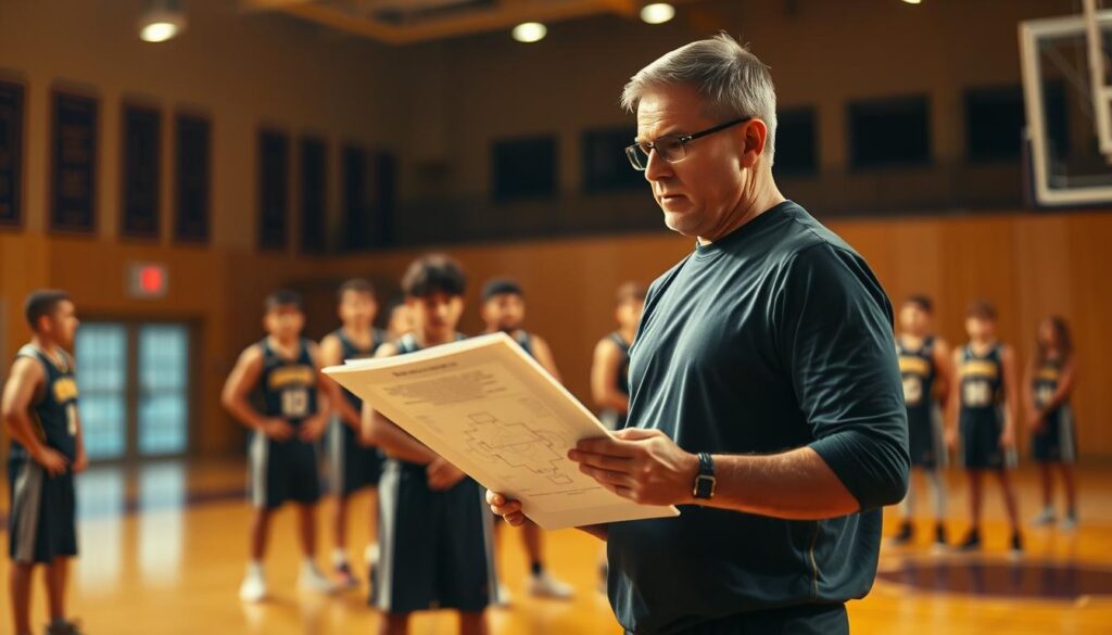 A basketball court bathed in warm, golden light. In the foreground, a high school basketball coach stands, clipboard in hand, intently studying a diagram of plays. His face is focused, brow furrowed in concentration, as he strategizes the next move. In the middle ground, players listen attentively, hanging on his every word. The background is blurred, emphasizing the coach's intensity and the team's rapt attention. The scene radiates determination, passion, and the thrill of the game. A basketball court bathed in warm, golden light. In the foreground, a high school basketball coach stands, clipboard in hand, intently studying a diagram of plays. His face is focused, brow furrowed in concentration, as he strategizes the next move. In the middle ground, players listen attentively, hanging on his every word. The background is blurred, emphasizing the coach's intensity and the team's rapt attention. The scene radiates determination, passion, and the thrill of the game.