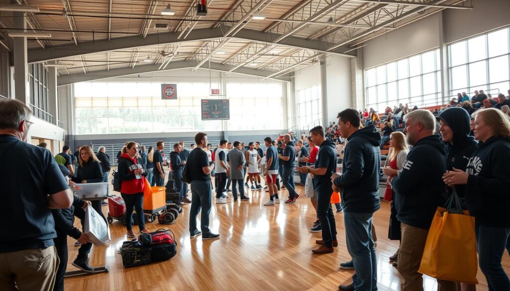 A bustling sports complex, morning light filtering through the windows. In the foreground, a dedicated team of volunteers scurry about, their faces alight with purpose - organizing gear, setting up equipment, and greeting arriving athletes with warm smiles. In the middle ground, coaches huddle with players, reviewing game plans and strategies, while in the background, spectators find their seats, anticipation palpable. The scene radiates an air of camaraderie and teamwork, where every role, no matter how small, contributes to the larger success of the event. A wide-angle lens captures the energy and rhythm of this daily routine, a celebration of the unsung heroes who make sports possible. A bustling sports complex, morning light filtering through the windows. In the foreground, a dedicated team of volunteers scurry about, their faces alight with purpose - organizing gear, setting up equipment, and greeting arriving athletes with warm smiles. In the middle ground, coaches huddle with players, reviewing game plans and strategies, while in the background, spectators find their seats, anticipation palpable. The scene radiates an air of camaraderie and teamwork, where every role, no matter how small, contributes to the larger success of the event. A wide-angle lens captures the energy and rhythm of this daily routine, a celebration of the unsung heroes who make sports possible.