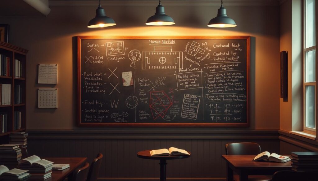 A chalkboard hangs on the wall of a cozy, vintage-inspired high school study lounge. Atop the board, a collection of expertly-drawn X's and O's diagrams and scribbled predictions fill the space, detailing strategic game plans and final score forecasts. Soft, warm lighting casts an inviting glow, with books and study materials scattered on the surrounding tables, creating an atmosphere of focused analysis and community collaboration. Shadows from the overhead lamps create a sense of depth, drawing the viewer's eye into the intimate setting where passionate fans and knowledgeable experts gather to share their Friday night football insights. A chalkboard hangs on the wall of a cozy, vintage-inspired high school study lounge. Atop the board, a collection of expertly-drawn X's and O's diagrams and scribbled predictions fill the space, detailing strategic game plans and final score forecasts. Soft, warm lighting casts an inviting glow, with books and study materials scattered on the surrounding tables, creating an atmosphere of focused analysis and community collaboration. Shadows from the overhead lamps create a sense of depth, drawing the viewer's eye into the intimate setting where passionate fans and knowledgeable experts gather to share their Friday night football insights.