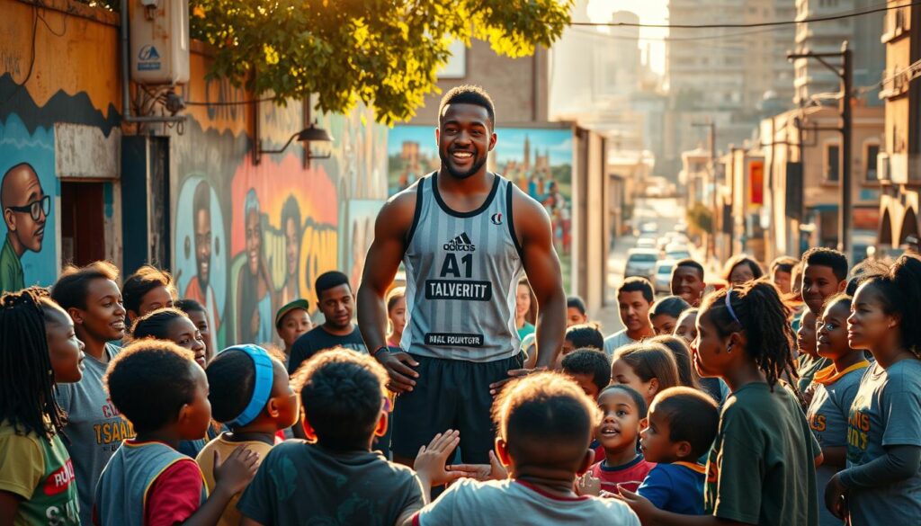 A community-engaged athlete, standing tall amidst a vibrant backdrop of colorful murals, surrounded by a diverse group of enthusiastic volunteers. The scene is bathed in warm, golden sunlight, casting a soft glow over the inspiring tableau. The athlete, clad in athletic gear, is leading a group activity, their face radiant with passion and purpose. In the foreground, children and adults alike participate eagerly, their expressions filled with joy and a sense of shared purpose. In the middle ground, a mural depicting scenes of unity and civic pride adds depth and visual interest. The background features a bustling urban landscape, underscoring the athlete's deep integration with the community. The overall mood is one of celebration, camaraderie, and the powerful impact of an individual's commitment to making a positive difference.