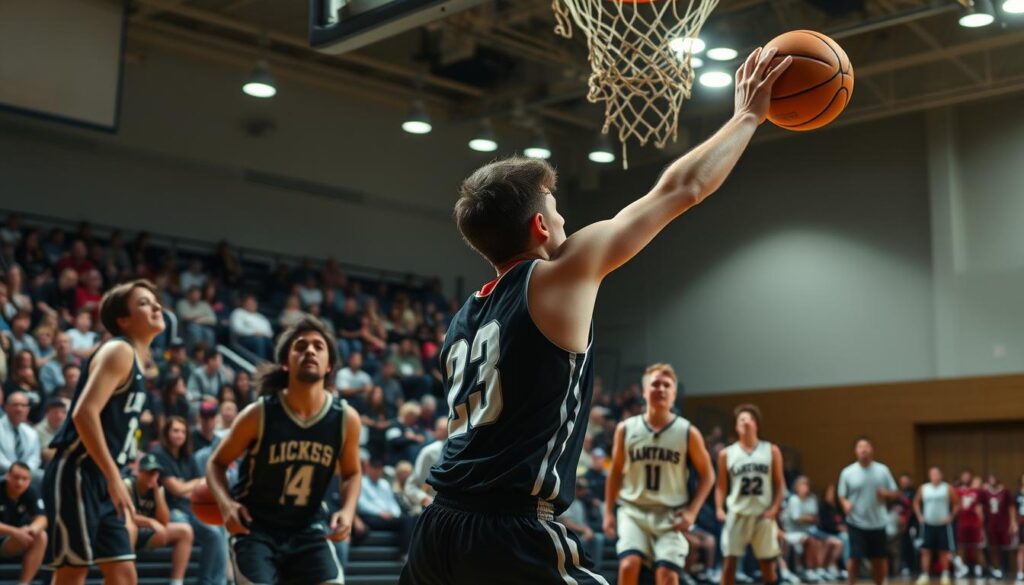 A dramatic basketball game-winning moment unfolds on the court. In the foreground, a determined high school player drives to the hoop, arm extended, about to release the game-tying or game-winning shot. Teammates and opponents watch with bated breath, expressions etched with anticipation. The bright gymnasium lights cast dramatic shadows, heightening the tension. The background features the packed stands, fans leaning forward, their faces alight with excitement. The scene is captured with a cinematic wide-angle lens, conveying the gravity of the moment and the energy of the high-stakes comeback. A dramatic basketball game-winning moment unfolds on the court. In the foreground, a determined high school player drives to the hoop, arm extended, about to release the game-tying or game-winning shot. Teammates and opponents watch with bated breath, expressions etched with anticipation. The bright gymnasium lights cast dramatic shadows, heightening the tension. The background features the packed stands, fans leaning forward, their faces alight with excitement. The scene is captured with a cinematic wide-angle lens, conveying the gravity of the moment and the energy of the high-stakes comeback.