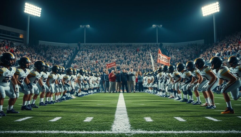A dynamic football field under bright stadium lights, the turf gleaming with moisture. In the foreground, two opposing high school teams lined up, their uniforms crisp and their expressions intense, ready to clash in a pivotal playoff matchup. The middle ground features the players' families and fans, waving banners and cheering passionately, their faces filled with anticipation. The background is a blurred sea of spectators, creating an electric atmosphere of excitement and anticipation. The scene conveys the high stakes, fierce competition, and community spirit of a crucial high school football playoff game. A dynamic football field under bright stadium lights, the turf gleaming with moisture. In the foreground, two opposing high school teams lined up, their uniforms crisp and their expressions intense, ready to clash in a pivotal playoff matchup. The middle ground features the players' families and fans, waving banners and cheering passionately, their faces filled with anticipation. The background is a blurred sea of spectators, creating an electric atmosphere of excitement and anticipation. The scene conveys the high stakes, fierce competition, and community spirit of a crucial high school football playoff game.