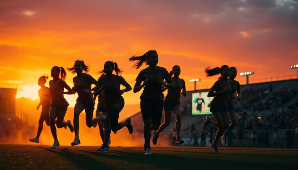 A dynamic team of high school athletes, their silhouettes rising against a vibrant backdrop of warm sunset hues. In the foreground, they stride with purpose, their movements captured in fluid, expressive poses. The middle ground features a blurred, energetic crowd cheering them on, creating a sense of momentum and camaraderie. In the background, a softly lit stadium scene, with towering stands and the promise of victory on the horizon. The lighting is dramatic, casting dynamic shadows and highlights that accentuate the athletes' athleticism and determination. The overall atmosphere conveys a sense of excitement, potential, and the thrill of rising to new heights in the world of high school sports.