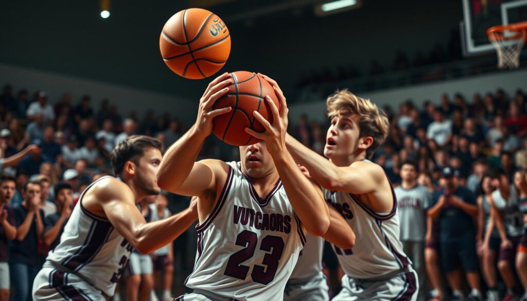 A heated high school basketball game, the crowd roaring with electric tension. On the court, players in rival uniforms clash with ferocity, muscles straining as they jockey for position. Sweat glistens under the crisp, dramatic lighting, casting dramatic shadows that accentuate the intensity of the moment. The camera captures the action from a low angle, putting the viewer right in the heart of the game's frenetic energy. The background blurs, drawing all attention to the players' fierce expressions and the ball arcing through the air, the outcome of the classic matchup hanging in the balance. A heated high school basketball game, the crowd roaring with electric tension. On the court, players in rival uniforms clash with ferocity, muscles straining as they jockey for position. Sweat glistens under the crisp, dramatic lighting, casting dramatic shadows that accentuate the intensity of the moment. The camera captures the action from a low angle, putting the viewer right in the heart of the game's frenetic energy. The background blurs, drawing all attention to the players' fierce expressions and the ball arcing through the air, the outcome of the classic matchup hanging in the balance.