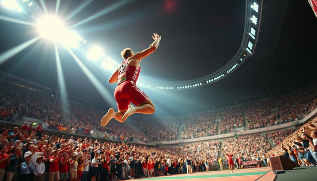 A high-intensity sports arena, illuminated by vibrant floodlights casting dramatic shadows. In the foreground, an athlete powerfully leaps, their muscles straining as they reach for the sky, the crowd erupting in thunderous applause. The middle ground features other competitors engaged in intense, graceful movements, their focus unwavering. The background is a blur of motion, spectators cheering passionately, creating an electrifying atmosphere of triumph and determination. Captured with a wide-angle lens, the scene conveys the sheer magnitude and energy of a major sports event, highlighting the standout performances that define the pinnacle of athletic achievement. A high-intensity sports arena, illuminated by vibrant floodlights casting dramatic shadows. In the foreground, an athlete powerfully leaps, their muscles straining as they reach for the sky, the crowd erupting in thunderous applause. The middle ground features other competitors engaged in intense, graceful movements, their focus unwavering. The background is a blur of motion, spectators cheering passionately, creating an electrifying atmosphere of triumph and determination. Captured with a wide-angle lens, the scene conveys the sheer magnitude and energy of a major sports event, highlighting the standout performances that define the pinnacle of athletic achievement.