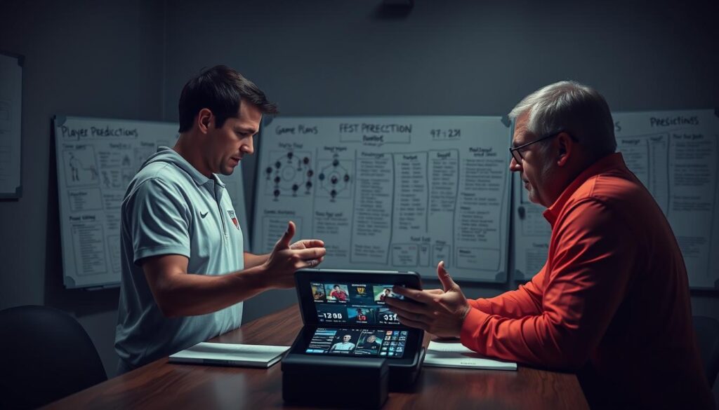 A team of coaches huddled around a table, deep in discussion. Foreground: Three coaches in casual sportswear, gesturing animatedly as they review game footage and player statistics on a tablet. Middle ground: A large whiteboard filled with game plans, player profiles, and detailed predictions. Background: Dimly lit room with moody lighting, creating a contemplative atmosphere. The coaches' faces are lit by the glow of the screen, their expressions intense as they work to analyze and strategize for the upcoming game.