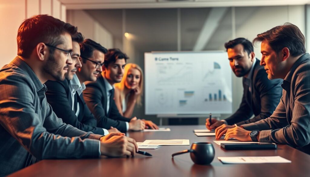A team of diligent managers gathered around a conference table, their expressions focused and determined. Warm, directional lighting illuminates their faces, casting shadows that accentuate their features. In the foreground, the managers lean in, engaged in a lively discussion, their body language conveying a sense of collaboration and camaraderie. In the middle ground, a virtual whiteboard displays charts and diagrams, reflecting the data-driven nature of their work. The background is softly blurred, creating a sense of depth and emphasizing the team's collective effort. The overall atmosphere is one of professionalism, problem-solving, and a shared commitment to the team's success. A team of diligent managers gathered around a conference table, their expressions focused and determined. Warm, directional lighting illuminates their faces, casting shadows that accentuate their features. In the foreground, the managers lean in, engaged in a lively discussion, their body language conveying a sense of collaboration and camaraderie. In the middle ground, a virtual whiteboard displays charts and diagrams, reflecting the data-driven nature of their work. The background is softly blurred, creating a sense of depth and emphasizing the team's collective effort. The overall atmosphere is one of professionalism, problem-solving, and a shared commitment to the team's success.