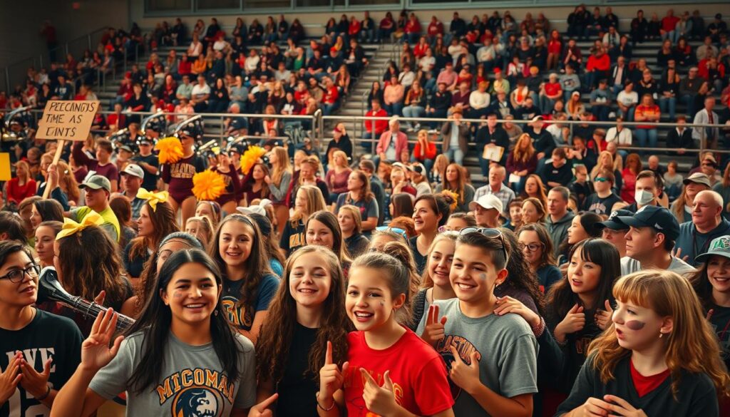 A vibrant and energetic scene of high school sports fans engaged in their unique cheering traditions. In the foreground, a group of enthusiastic students leading a spirited chant, their faces painted with team colors and holding homemade signs. In the middle ground, a marching band playing a rousing fight song as cheerleaders perform acrobatic routines. In the background, a packed bleachers filled with parents, grandparents, and community members, all united in their passionate support for the team. The scene is bathed in warm, golden lighting, capturing the festive atmosphere and sense of shared tradition. A wide-angle lens showcases the scale and energy of the event, conveying the spirit and camaraderie that define the high school sports fan experience.