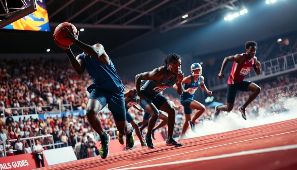 A vibrant, dynamic sports event photo gallery captured with a high-quality digital SLR camera. Crisp, wide-angle shots of elite athletes competing in various disciplines - basketball, football, track and field, swimming - frozen in action, their powerful forms silhouetted against a blurred, energetic crowd in the background. Dramatic, angled perspectives emphasize the intensity and drama of the events, with bold, dramatic lighting casting dramatic shadows. The overall tone is one of excitement, athleticism, and camaraderie, conveying the thrill and spectacle of high-level sporting competitions. A vibrant, dynamic sports event photo gallery captured with a high-quality digital SLR camera. Crisp, wide-angle shots of elite athletes competing in various disciplines - basketball, football, track and field, swimming - frozen in action, their powerful forms silhouetted against a blurred, energetic crowd in the background. Dramatic, angled perspectives emphasize the intensity and drama of the events, with bold, dramatic lighting casting dramatic shadows. The overall tone is one of excitement, athleticism, and camaraderie, conveying the thrill and spectacle of high-level sporting competitions.