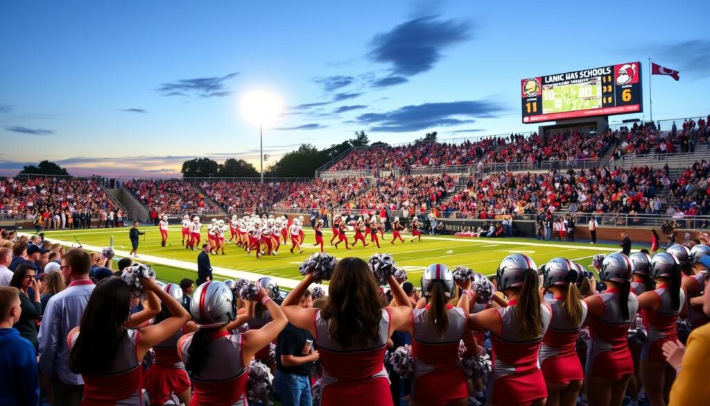 A vibrant high school football stadium at twilight, the home and away teams' colors clashing in a sea of spirited fans. In the foreground, a group of cheerleaders in matching uniforms leading the crowd in a choreographed routine, their pom-poms and smiles radiating school pride. In the middle, the players charge onto the field, helmets gleaming under the bright stadium lights, as the marching band strikes up the school fight song. In the background, banners and banners adorn the stands, displaying the rival schools' mascots and slogans, while the scoreboard flashes the score, adding to the electric atmosphere. A vibrant high school football stadium at twilight, the home and away teams' colors clashing in a sea of spirited fans. In the foreground, a group of cheerleaders in matching uniforms leading the crowd in a choreographed routine, their pom-poms and smiles radiating school pride. In the middle, the players charge onto the field, helmets gleaming under the bright stadium lights, as the marching band strikes up the school fight song. In the background, banners and banners adorn the stands, displaying the rival schools' mascots and slogans, while the scoreboard flashes the score, adding to the electric atmosphere.