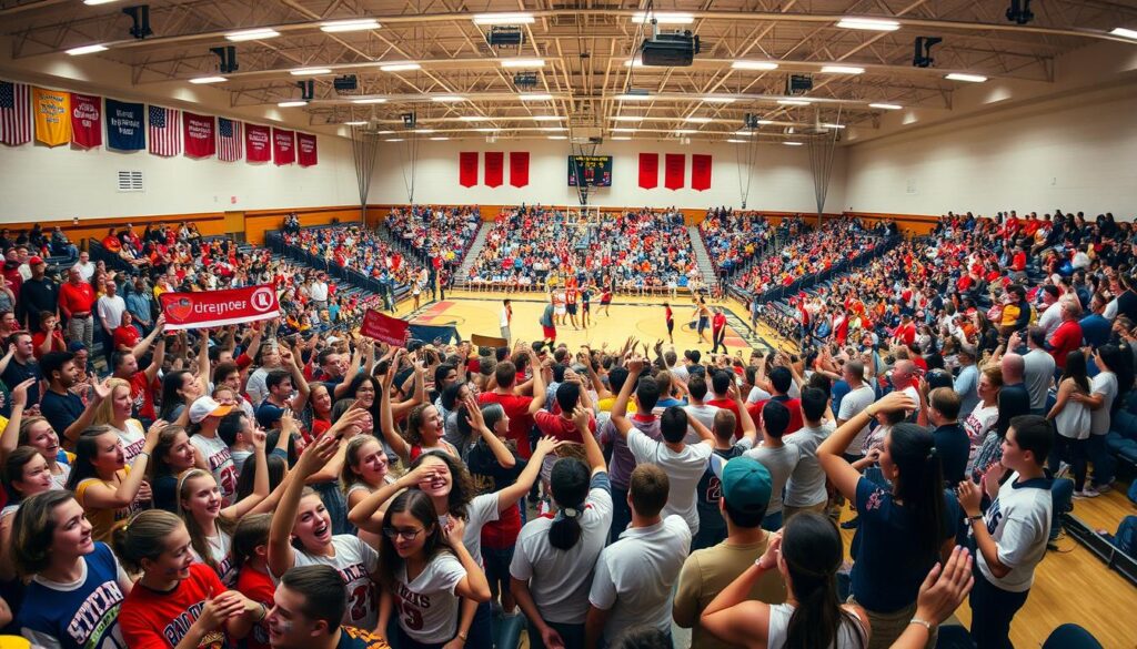 A vibrant school gymnasium, filled with enthusiastic students in their class colors, cheering and waving banners. In the foreground, a bustling student section, adorned with face paint, team jerseys, and spirited chants. In the middle ground, parents and families in the stands, donning their own team apparel, capturing the moment with their cameras. The background is a panoramic view of the court, the players in motion, and the scoreboard displaying the score. Warm, dynamic lighting illuminates the scene, creating a sense of energy and excitement. The overall atmosphere is one of unity, camaraderie, and unwavering school pride.