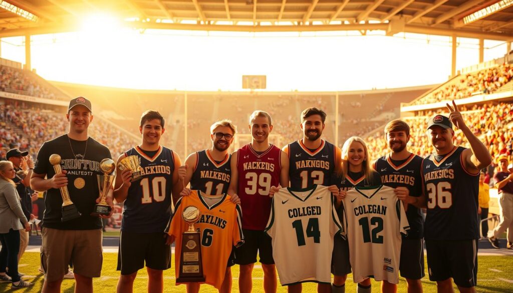 A vibrant sports stadium under warm, golden lighting. In the foreground, a group of former high school athletes proudly displaying their college and professional accolades - championship trophies, MVP awards, team jerseys, and signed memorabilia. In the middle ground, action shots of these alumni excelling on the field, court, or rink, captured with dynamic camera angles. The background blurs into the stands, filled with cheering fans celebrating their hometown heroes' remarkable achievements. A palpable sense of pride, nostalgia, and inspiration emanates from the scene, inspiring the viewer to follow in the footsteps of these local sports legends.