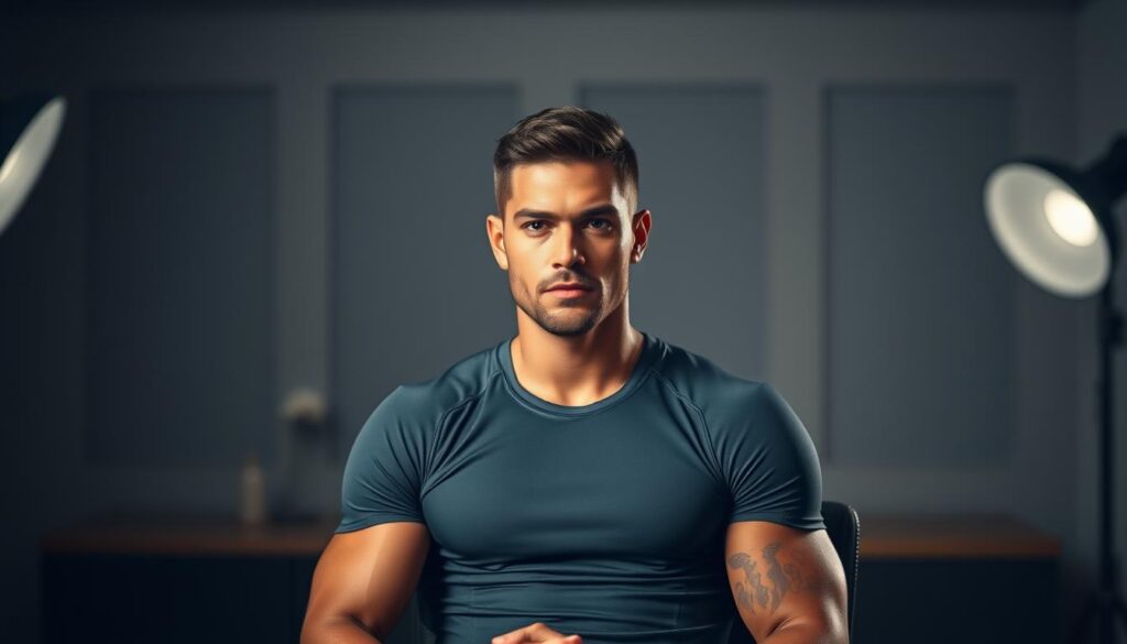 A well-lit interview set with a professional athlete seated in the foreground, facing the camera with a focused, determined expression. The athlete wears a sleek, high-performance sports uniform, showcasing their athletic physique. The middle ground features a modern, minimalist backdrop with clean lines and a subtle, neutral color palette, creating a stylish, magazine-worthy environment. The background subtly blurs, drawing the viewer's attention to the subject. Soft, directional lighting casts dramatic shadows, highlighting the athlete's confident pose and accentuating their muscular features. The overall mood is one of quiet intensity, capturing the essence of an "Athlete of the Week" interview.