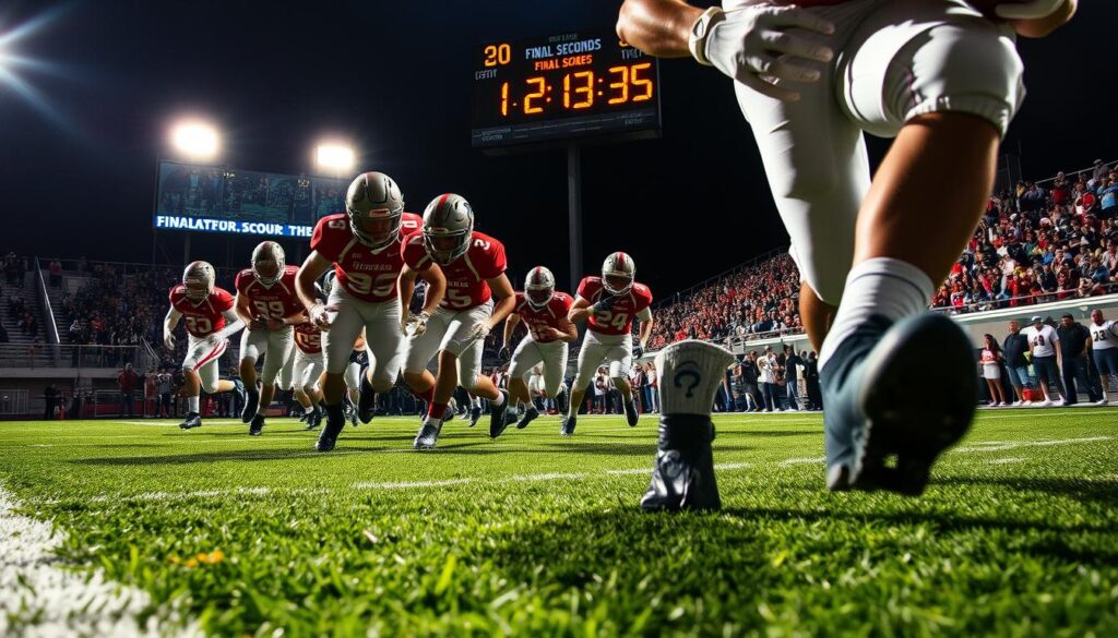 High school football players in action, their cleats digging into the turf as they charge down the field, muscles straining with determination. Dramatic low-angle shot captures the intensity of the moment, with the scoreboard in the background showing the pivotal final seconds ticking away. Bright stadium lights cast dramatic shadows, creating a sense of urgency and high stakes. The crowd roars in the distance, their cheers and chants adding to the electric atmosphere. This is the turning point, where a game-changing play could shift the entire momentum of the match. High school football players in action, their cleats digging into the turf as they charge down the field, muscles straining with determination. Dramatic low-angle shot captures the intensity of the moment, with the scoreboard in the background showing the pivotal final seconds ticking away. Bright stadium lights cast dramatic shadows, creating a sense of urgency and high stakes. The crowd roars in the distance, their cheers and chants adding to the electric atmosphere. This is the turning point, where a game-changing play could shift the entire momentum of the match.