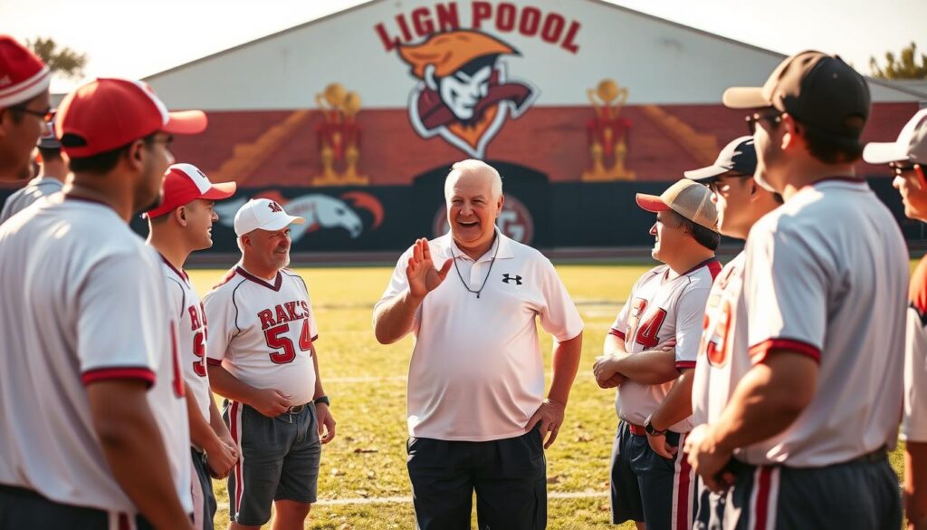 high school sports alumni gathered on a sunlit field, sharing laughter and camaraderie as they reminisce about their glory days. A veteran coach stands in the middle, gesturing animatedly while his former players listen intently, capturing the life lessons of perseverance, teamwork, and sportsmanship that shaped their character. In the background, a mural depicting the school's iconic mascot and trophies adorns the gymnasium wall, a testament to the community's proud athletic legacy. Warm, nostalgic lighting creates a sense of timelessness, inviting the viewer to reflect on the enduring impact of high school sports.