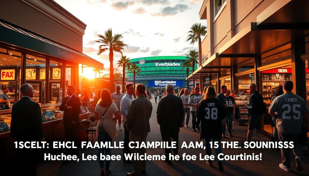 A bustling scene illustrating the economic impact of the ECHL championships on Estero and Lee County. In the foreground, diverse business owners in professional attire engage with customers outside a lively restaurant, showcasing local cuisine and merchandise. In the middle ground, a sports-themed mall features fans wearing Everblades jerseys, shopping, and enjoying refreshments. The background reveals the Everblades' arena lit up at sunset, with excited fans entering and a festive atmosphere. The lighting is warm, with shadows casting a welcoming glow, creating a sense of community and excitement. The angle captures the vibrancy of the scene, emphasizing connectedness and support for local businesses during the championship season.