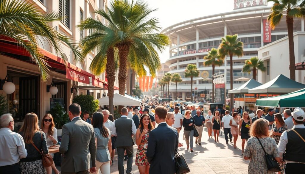 A bustling urban scene depicting the vibrant impact of the City of Palms Classic event on local businesses and tourism. In the foreground, a diverse group of professionals in business attire engages in networking outside a lively cafe adorned with palm trees. The middle ground features a busy street filled with vendors showcasing local crafts and restaurants attracting attendees from the event. The background highlights an iconic sports venue hosting the tournament, with spectators and athletes visible. The mood is energetic and optimistic, bathed in warm afternoon sunlight. Use a wide-angle lens perspective to capture the lively atmosphere, focusing on the interaction between visitors and the local environment, with soft shadows enhancing the depth of field.