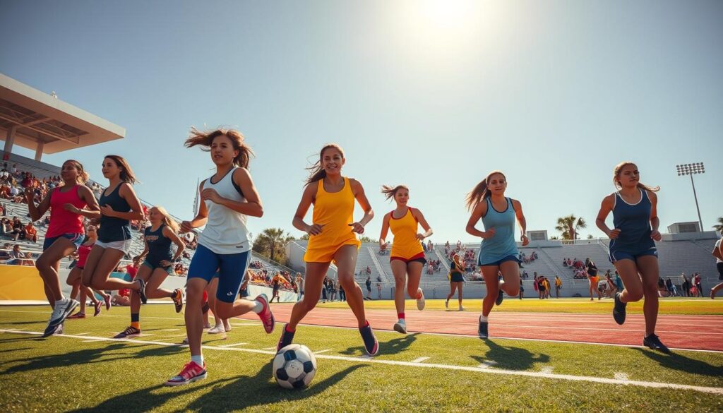 A dynamic scene capturing the evolution of women’s sports in Southwest Florida, focusing on the Title IX era. In the foreground, diverse young female athletes in professional sports attire engage in various activities such as soccer, basketball, and track, displaying determination and camaraderie. The middle ground features a lively sports field with spectators, symbolizing community support for women's athletics. In the background, a stadium stands tall under a bright, sunny sky, conveying a sense of achievement and progress. The lighting is warm and inviting, highlighting the energy and passion of the moment. The image is shot from a low angle, emphasizing the athletes' intensity and the empowerment of women in sports. The mood is celebratory and inspiring, reflecting the significant impact of Title IX on girls' and women's sports. A dynamic scene capturing the evolution of women’s sports in Southwest Florida, focusing on the Title IX era. In the foreground, diverse young female athletes in professional sports attire engage in various activities such as soccer, basketball, and track, displaying determination and camaraderie. The middle ground features a lively sports field with spectators, symbolizing community support for women's athletics. In the background, a stadium stands tall under a bright, sunny sky, conveying a sense of achievement and progress. The lighting is warm and inviting, highlighting the energy and passion of the moment. The image is shot from a low angle, emphasizing the athletes' intensity and the empowerment of women in sports. The mood is celebratory and inspiring, reflecting the significant impact of Title IX on girls' and women's sports.
