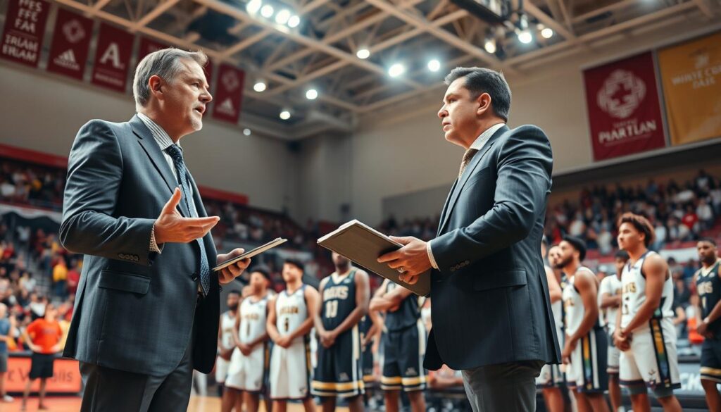 A dynamic sports coach strategizing during a basketball game, standing confidently on the sideline in a polished professional attire, clipboard in hand. The foreground features the coach gesturing passionately, with a focused expression. In the middle ground, a diverse group of players wearing basketball uniforms are listening intently, showcasing determination and teamwork. In the background, a packed arena filled with enthusiastic fans, vibrant banners, and team colors adds to the electrifying atmosphere. Bright overhead lights illuminate the scene, creating a lively ambiance. The angle is slightly low to capture the intensity of the action, emphasizing both the coach and players. The overall mood is one of inspiration and unity, highlighting the success of a well-coordinated strategy and teamwork in a pivotal moment of the game. A dynamic sports coach strategizing during a basketball game, standing confidently on the sideline in a polished professional attire, clipboard in hand. The foreground features the coach gesturing passionately, with a focused expression. In the middle ground, a diverse group of players wearing basketball uniforms are listening intently, showcasing determination and teamwork. In the background, a packed arena filled with enthusiastic fans, vibrant banners, and team colors adds to the electrifying atmosphere. Bright overhead lights illuminate the scene, creating a lively ambiance. The angle is slightly low to capture the intensity of the action, emphasizing both the coach and players. The overall mood is one of inspiration and unity, highlighting the success of a well-coordinated strategy and teamwork in a pivotal moment of the game.