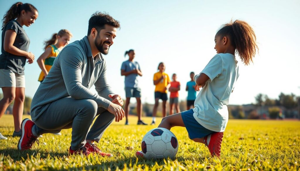 A mentorship scene on a grassy sports field, showcasing a diverse group of young athletes engaged in teamwork and learning. In the foreground, a smiling mentor, dressed in a casual yet professional outfit, kneels as they demonstrate a skill to a young athlete, who looks eager and focused. In the middle ground, other youth participants practice together, fostering a sense of camaraderie and support. The background features a bright blue sky and distant trees, creating a serene yet uplifting atmosphere. The lighting is warm and inviting, with the sun casting soft shadows, enhancing the joyful and motivational mood of the scene. The composition captures the essence of personal growth through guidance and encouragement within a sports context, symbolizing key life lessons learned through teamwork.