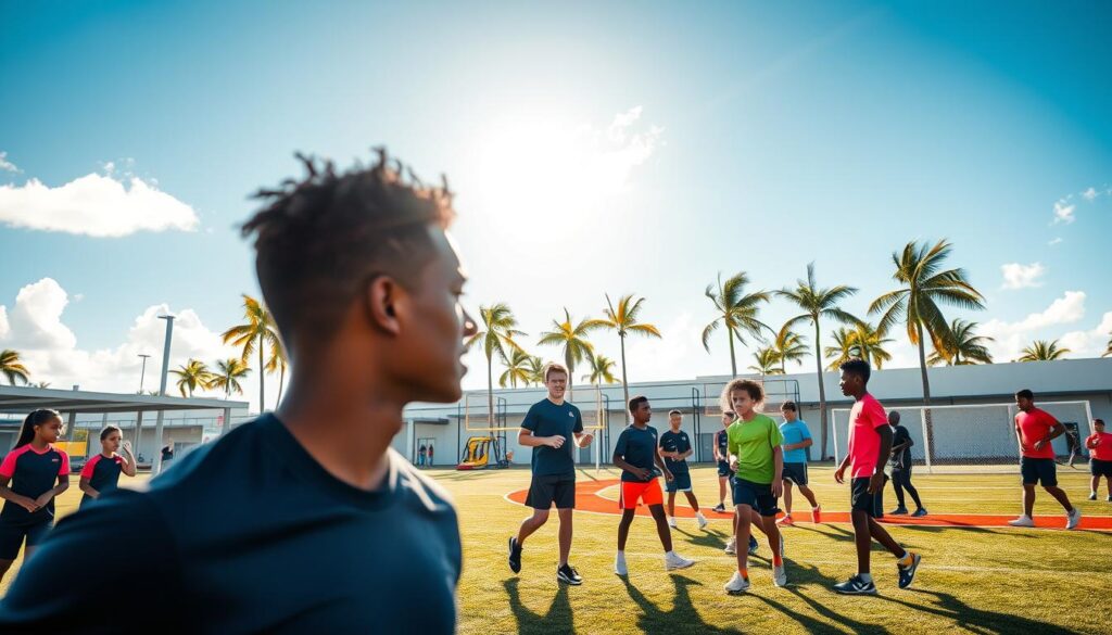 A modern youth training facility for athletes in Southwest Florida, showcasing a vibrant outdoor environment. In the foreground, a group of diverse young athletes in professional sports attire are engaging in training drills, showcasing teamwork and determination. The middle ground features a state-of-the-art facility with open spaces, sports equipment, and training areas, all bathed in warm, natural sunlight that creates an energetic atmosphere. In the background, palm trees and blue skies reflect the region's unique landscape, enhancing the feeling of vitality and ambition. The scene captures a dynamic moment of youth training, focusing on the dedication of coaches providing guidance and support. The composition is framed with a slight upward angle to convey a sense of growth and aspiration. A modern youth training facility for athletes in Southwest Florida, showcasing a vibrant outdoor environment. In the foreground, a group of diverse young athletes in professional sports attire are engaging in training drills, showcasing teamwork and determination. The middle ground features a state-of-the-art facility with open spaces, sports equipment, and training areas, all bathed in warm, natural sunlight that creates an energetic atmosphere. In the background, palm trees and blue skies reflect the region's unique landscape, enhancing the feeling of vitality and ambition. The scene captures a dynamic moment of youth training, focusing on the dedication of coaches providing guidance and support. The composition is framed with a slight upward angle to convey a sense of growth and aspiration.