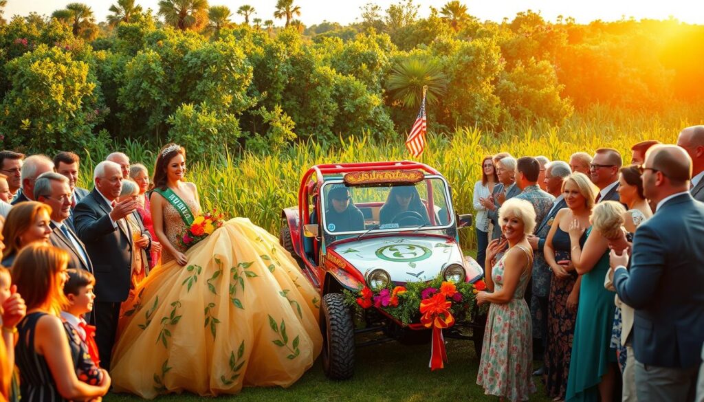 A vibrant Swamp Buggy Queen ceremony set in a lively outdoor atmosphere, featuring the queen adorned in an elaborate gown with natural motifs, surrounded by colorful flowers and greenery. In the foreground, a diverse group of dignitaries and spectators are elegantly dressed in smart casual attire, celebrating with enthusiastic expressions. The middle ground showcases a beautifully decorated swamp buggy, festooned with ribbons and banners, symbolizing the local tradition. The background features a dense, lush swamp landscape, with the sun casting a warm golden light that enhances the festive mood. The scene is captured with a wide-angle lens to emphasize the grandeur and joy of the ceremony, evoking a sense of excitement and tradition within the unique culture of swamp buggy racing. A vibrant Swamp Buggy Queen ceremony set in a lively outdoor atmosphere, featuring the queen adorned in an elaborate gown with natural motifs, surrounded by colorful flowers and greenery. In the foreground, a diverse group of dignitaries and spectators are elegantly dressed in smart casual attire, celebrating with enthusiastic expressions. The middle ground showcases a beautifully decorated swamp buggy, festooned with ribbons and banners, symbolizing the local tradition. The background features a dense, lush swamp landscape, with the sun casting a warm golden light that enhances the festive mood. The scene is captured with a wide-angle lens to emphasize the grandeur and joy of the ceremony, evoking a sense of excitement and tradition within the unique culture of swamp buggy racing.