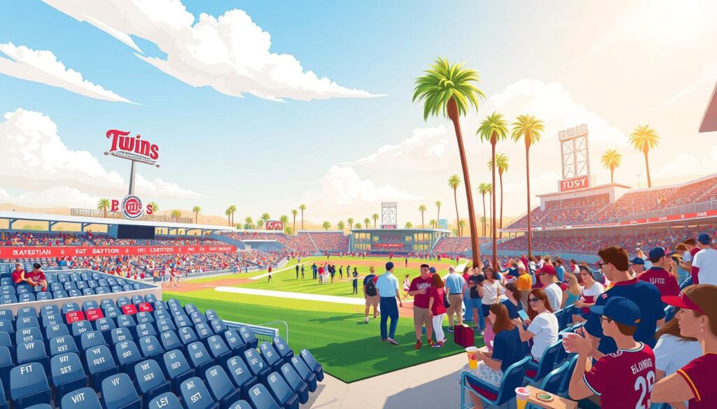 A vibrant and detailed illustration of the Minnesota Twins spring training seating guide, prominently featuring a stylized seating chart of the stadium. In the foreground, include neatly organized sections labeled for various seating options, such as bleachers, box seats, and VIP areas, with designated colors to differentiate each section. In the middle ground, envision a bustling crowd of enthusiastic fans, all wearing Twins merchandise, engaged in lively conversations and enjoying snacks. The background showcases the spring training facility with palm trees swaying in a warm, sunny sky, highlighting the relaxed atmosphere of a sunny day at the ballpark. Soft, natural lighting enhances the scene, capturing the excitement and camaraderie of baseball spring training, with a focus on providing a welcoming, informative depiction for visitors. A vibrant and detailed illustration of the Minnesota Twins spring training seating guide, prominently featuring a stylized seating chart of the stadium. In the foreground, include neatly organized sections labeled for various seating options, such as bleachers, box seats, and VIP areas, with designated colors to differentiate each section. In the middle ground, envision a bustling crowd of enthusiastic fans, all wearing Twins merchandise, engaged in lively conversations and enjoying snacks. The background showcases the spring training facility with palm trees swaying in a warm, sunny sky, highlighting the relaxed atmosphere of a sunny day at the ballpark. Soft, natural lighting enhances the scene, capturing the excitement and camaraderie of baseball spring training, with a focus on providing a welcoming, informative depiction for visitors.