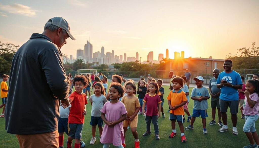 A vibrant community sports initiative scene, showcasing a diverse group of children engaged in various sports activities, like soccer, basketball, and baseball, creating an atmosphere of teamwork and enthusiasm. In the foreground, a youth coach enthusiastically guiding a small group of kids, all wearing modest sports uniforms. The middle ground features children playing, laughing, and interacting in a colorful park setting, with parents and community members cheering them on. The background shows a city skyline at sunset, casting warm, golden light across the scene, enhancing the sense of unity and positivity. Capture the energy and spirit of community development through youth sports initiatives, using a wide-angle lens to convey depth and inclusivity. The mood is uplifting and inspiring, emphasizing collaboration and the joy of sports.