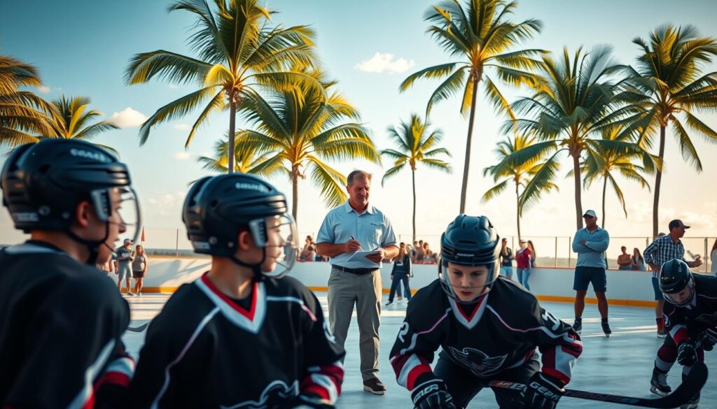 A vibrant image capturing a hockey player development scene in a tropical setting. In the foreground, a group of young players in professional athletic gear practice on an ice rink surrounded by palm trees, their faces focused and intense. In the middle, a coach, dressed in a polo shirt and slacks, observes and provides guidance while holding a clipboard. In the background, spectators in casual attire enjoy the event, with a sunny blue sky and warm lighting reflecting the tropical environment. The atmosphere is energetic and full of enthusiasm, with a sense of community and growth as players work hard toward their goals. The composition should use a wide-angle perspective to emphasize both the players’ development and the unique setting.