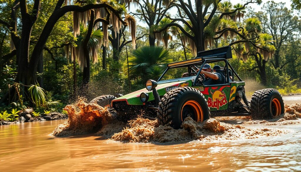 A vibrant scene depicting a swamp buggy race in Florida's lush environment. In the foreground, a colorful swamp buggy splashes through muddy waters, showcasing its oversized tires and powerful build, with mud spraying around. The middle ground features racers in casual, professional attire, focused on the competition, and the background reveals dense cypress trees and wild foliage reflecting the area's natural beauty. The sunlight filters through the trees, creating a warm, golden glow, while hints of wildlife can be seen, emphasizing sustainability efforts in the race environment. The angle captures the action from a low perspective, enhancing the dynamic feel of the race and the lush, green surroundings. The atmosphere is energetic yet respectful of nature, showcasing the harmony between sport and environment. A vibrant scene depicting a swamp buggy race in Florida's lush environment. In the foreground, a colorful swamp buggy splashes through muddy waters, showcasing its oversized tires and powerful build, with mud spraying around. The middle ground features racers in casual, professional attire, focused on the competition, and the background reveals dense cypress trees and wild foliage reflecting the area's natural beauty. The sunlight filters through the trees, creating a warm, golden glow, while hints of wildlife can be seen, emphasizing sustainability efforts in the race environment. The angle captures the action from a low perspective, enhancing the dynamic feel of the race and the lush, green surroundings. The atmosphere is energetic yet respectful of nature, showcasing the harmony between sport and environment.