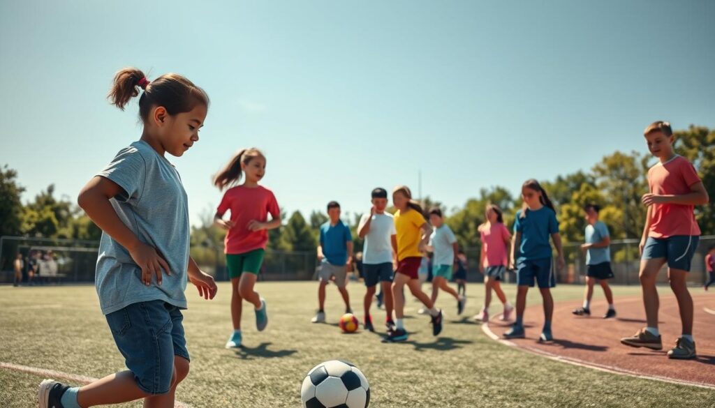 A vibrant scene depicting personal growth through youth sports training, focused on a diverse group of young athletes, aged 10 to 15, engaged in various sports like soccer, basketball, and track and field. In the foreground, a coach, in modest casual attire, enthusiastically guides a young girl as she practices her soccer dribbling. In the middle ground, boys and girls are seen practicing skills with determination, displaying teamwork and camaraderie in an outdoor sports facility. The background features a sunny, clear blue sky, with trees lining the sports field. The lighting is warm and inviting, emphasizing a positive, energetic atmosphere. The composition is shot from a low angle to highlight the athletes' focus and dedication, capturing the essence of influence and growth in youth sports training.