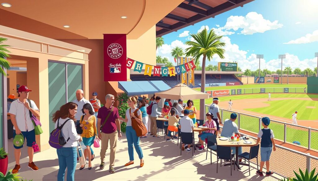A vibrant scene depicting the economic impact of spring training in Fort Myers. In the foreground, showcase a bustling hotel lobby with families checking in, dressed in casual yet neat attire, carrying baseball gear. The middle ground features a lively restaurant patio with patrons enjoying meals and local cuisine, surrounded by colorful banners celebrating the spring training season, while some waitstaff in uniforms attended to guests. In the background, illustrate a baseball field where a practice session is happening, with players in uniforms visible, and a bright blue sky reflecting the warm sunshine. The mood should convey excitement and community, capturing the lively atmosphere of the season. Use bright, natural lighting to enhance the cheerful ambiance, with a slight tilt-angle to emphasize the depth of the scene. A vibrant scene depicting the economic impact of spring training in Fort Myers. In the foreground, showcase a bustling hotel lobby with families checking in, dressed in casual yet neat attire, carrying baseball gear. The middle ground features a lively restaurant patio with patrons enjoying meals and local cuisine, surrounded by colorful banners celebrating the spring training season, while some waitstaff in uniforms attended to guests. In the background, illustrate a baseball field where a practice session is happening, with players in uniforms visible, and a bright blue sky reflecting the warm sunshine. The mood should convey excitement and community, capturing the lively atmosphere of the season. Use bright, natural lighting to enhance the cheerful ambiance, with a slight tilt-angle to emphasize the depth of the scene.