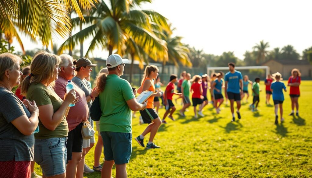 A vibrant scene showcasing a summer sports training camp in Southwest Florida, focusing on the experiences of parents and young athletes. In the foreground, a group of parents in modest casual attire cheer enthusiastically, holding water bottles and clipboards. In the middle, a diverse group of young athletes engage in various training activities, such as running drills, practicing teamwork, and receiving coaching tips from instructors, all in athletic wear. The background features lush green fields and a bright, sunny sky, with palm trees swaying gently. Soft, warm lighting creates a welcoming atmosphere, while a slight depth of field effect, captured from a low angle, emphasizes the excitement and camaraderie among participants. The overall mood is uplifting and motivational, reflecting the spirit of sports camps. A vibrant scene showcasing a summer sports training camp in Southwest Florida, focusing on the experiences of parents and young athletes. In the foreground, a group of parents in modest casual attire cheer enthusiastically, holding water bottles and clipboards. In the middle, a diverse group of young athletes engage in various training activities, such as running drills, practicing teamwork, and receiving coaching tips from instructors, all in athletic wear. The background features lush green fields and a bright, sunny sky, with palm trees swaying gently. Soft, warm lighting creates a welcoming atmosphere, while a slight depth of field effect, captured from a low angle, emphasizes the excitement and camaraderie among participants. The overall mood is uplifting and motivational, reflecting the spirit of sports camps.