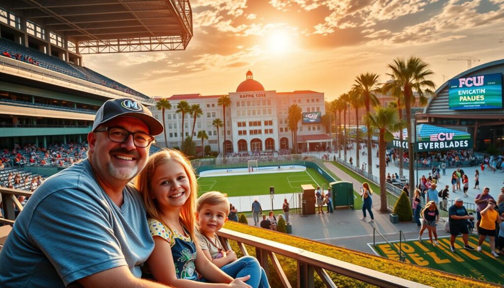 A vibrant scene showcasing the economic impact of sports tourism in Lee County, Florida. In the foreground, a family of four enjoys a baseball game at a spring training stadium, dressed in casual attire, radiating joy and excitement. In the middle ground, the iconic FGCU campus is visible alongside the ice rink hosting the Everblades game, with fans dressed in team colors cheering enthusiastically. The background features a bustling City of Palms, with palm trees lining the streets, and tourists taking photos. The warm golden sunlight casts a soft glow over the entire scene, emphasizing a welcoming community spirit. The angle captures a dynamic blend of sports and local culture in a single frame, reflecting a thriving sports tourism atmosphere. A vibrant scene showcasing the economic impact of sports tourism in Lee County, Florida. In the foreground, a family of four enjoys a baseball game at a spring training stadium, dressed in casual attire, radiating joy and excitement. In the middle ground, the iconic FGCU campus is visible alongside the ice rink hosting the Everblades game, with fans dressed in team colors cheering enthusiastically. The background features a bustling City of Palms, with palm trees lining the streets, and tourists taking photos. The warm golden sunlight casts a soft glow over the entire scene, emphasizing a welcoming community spirit. The angle captures a dynamic blend of sports and local culture in a single frame, reflecting a thriving sports tourism atmosphere.