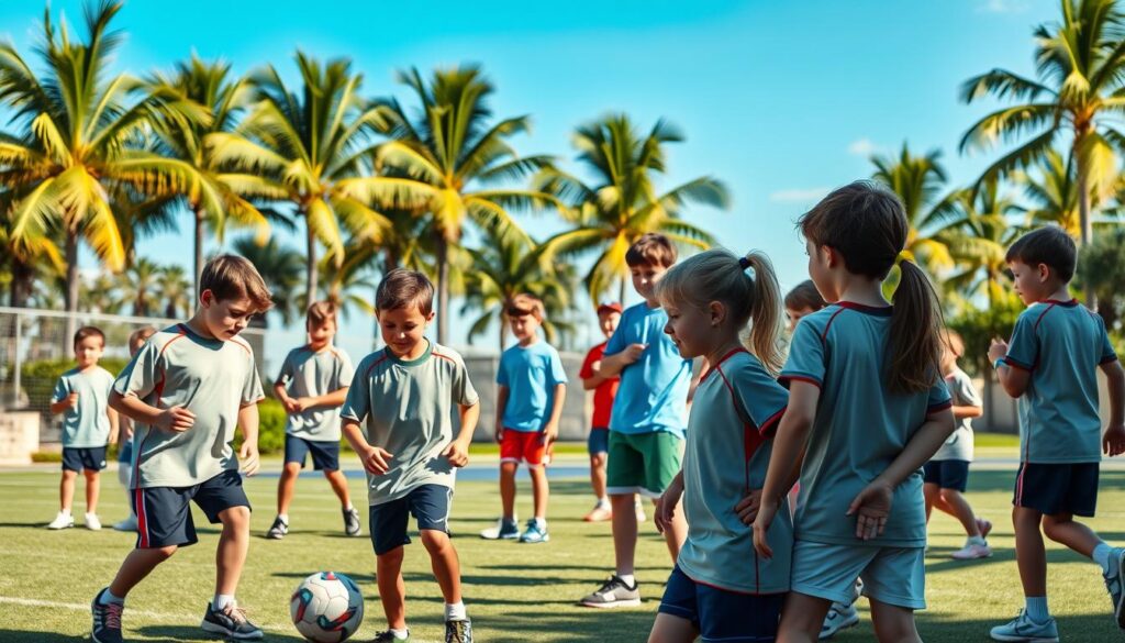 A vibrant sports scene showcasing various age divisions of young athletes training together in a sunny Southwest Florida outdoor environment. In the foreground, a diverse group of children aged 8-10, wearing matching practice jerseys and engaged in a skill-building activity, such as dribbling a soccer ball or practicing their swings with badminton rackets. The middle ground features older athletes, aged 11-14, in focused training drills, demonstrating teamwork and camaraderie. In the background, lush palm trees and a bright blue sky set a warm, energetic atmosphere. The scene is illuminated by soft, natural lighting to enhance the cheerful mood, captured from a low angle to emphasize the action and excitement of youth sports. A vibrant sports scene showcasing various age divisions of young athletes training together in a sunny Southwest Florida outdoor environment. In the foreground, a diverse group of children aged 8-10, wearing matching practice jerseys and engaged in a skill-building activity, such as dribbling a soccer ball or practicing their swings with badminton rackets. The middle ground features older athletes, aged 11-14, in focused training drills, demonstrating teamwork and camaraderie. In the background, lush palm trees and a bright blue sky set a warm, energetic atmosphere. The scene is illuminated by soft, natural lighting to enhance the cheerful mood, captured from a low angle to emphasize the action and excitement of youth sports.