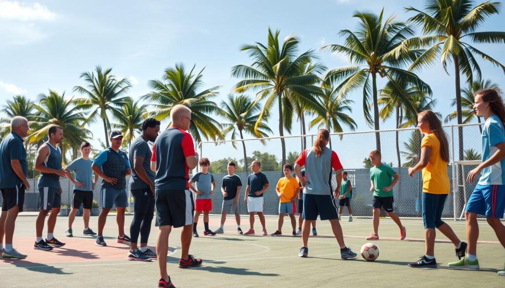 A vibrant summer sports camp scene in Southwest Florida showcasing unique coaching styles. In the foreground, a diverse group of coaches, dressed in professional athletic wear, demonstrates various training techniques to a group of enthusiastic young athletes. In the middle ground, a basketball court is visible with coaches providing guidance on shooting and dribbling. To the right, a soccer field features coaches working on teamwork and strategy with youth players. The background reveals palm trees and a clear blue sky, capturing the essence of summer. Soft sunlight filters through, creating a warm, inviting atmosphere. The composition is shot from a slightly elevated angle, emphasizing the interaction between the coaches and athletes while maintaining a sense of action and energy. A vibrant summer sports camp scene in Southwest Florida showcasing unique coaching styles. In the foreground, a diverse group of coaches, dressed in professional athletic wear, demonstrates various training techniques to a group of enthusiastic young athletes. In the middle ground, a basketball court is visible with coaches providing guidance on shooting and dribbling. To the right, a soccer field features coaches working on teamwork and strategy with youth players. The background reveals palm trees and a clear blue sky, capturing the essence of summer. Soft sunlight filters through, creating a warm, inviting atmosphere. The composition is shot from a slightly elevated angle, emphasizing the interaction between the coaches and athletes while maintaining a sense of action and energy.