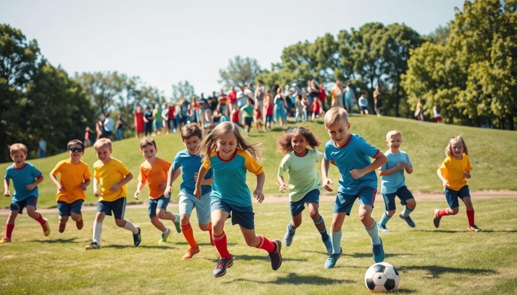 A vibrant youth soccer game taking place on a sunny day in a community park. In the foreground, a diverse group of children aged 8-12, wearing colorful soccer jerseys and shin guards, are energetically engaged in a match, their expressions filled with determination and joy. The middle ground features enthusiastic parents and community members cheering from a grassy hill, creating a supportive atmosphere. In the background, lush green trees and a clear blue sky enhance the scene, giving a sense of openness and vitality. The lighting is bright and natural, casting a warm glow on the kids. The image should feel uplifting and convey a sense of community involvement and healthy lifestyles through sports.