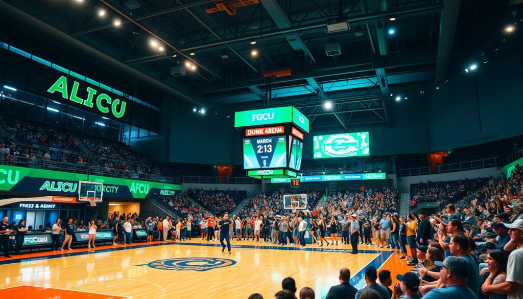 Alico Arena, a modern basketball facility, is depicted in the foreground with its sleek glass facade and vibrant green and blue branding reflecting the spirit of FGCU. The interior shows the basketball court filled with bright lights illuminating the polished hardwood, creating an energetic atmosphere. In the middle ground, fans in spirited attire are celebrating during a game, capturing the excitement and community vibe of Dunk City. The background features the iconic scoreboard and banners, representing past successes and highlighting the arena’s role in local sports culture. The image is captured from an elevated angle, emphasizing the scale and ambiance of the crowd, with warm, dynamic lighting enhancing the lively scene. Alico Arena, a modern basketball facility, is depicted in the foreground with its sleek glass facade and vibrant green and blue branding reflecting the spirit of FGCU. The interior shows the basketball court filled with bright lights illuminating the polished hardwood, creating an energetic atmosphere. In the middle ground, fans in spirited attire are celebrating during a game, capturing the excitement and community vibe of Dunk City. The background features the iconic scoreboard and banners, representing past successes and highlighting the arena’s role in local sports culture. The image is captured from an elevated angle, emphasizing the scale and ambiance of the crowd, with warm, dynamic lighting enhancing the lively scene.