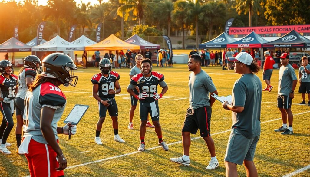 A dynamic football recruiting scene showcasing the evolution of Southwest Florida football programs. In the foreground, diverse young athletes in professional athletic wear engage in an intense 7-on-7 practice, demonstrating skill and teamwork. The middle ground features coaches observing the action, clipboard in hand, providing feedback, while a digital scouting platform is visible on a tablet. In the background, a well-attended youth football camp buzzes with activity, colorful tents and banners promoting various teams and programs. The scene is lit by a warm golden sunlight, casting long shadows, creating an inviting atmosphere. Capture the energy and enthusiasm of football recruitment, emphasizing camaraderie, competition, and the growth of young talent in a vibrant outdoor setting. A dynamic football recruiting scene showcasing the evolution of Southwest Florida football programs. In the foreground, diverse young athletes in professional athletic wear engage in an intense 7-on-7 practice, demonstrating skill and teamwork. The middle ground features coaches observing the action, clipboard in hand, providing feedback, while a digital scouting platform is visible on a tablet. In the background, a well-attended youth football camp buzzes with activity, colorful tents and banners promoting various teams and programs. The scene is lit by a warm golden sunlight, casting long shadows, creating an inviting atmosphere. Capture the energy and enthusiasm of football recruitment, emphasizing camaraderie, competition, and the growth of young talent in a vibrant outdoor setting.