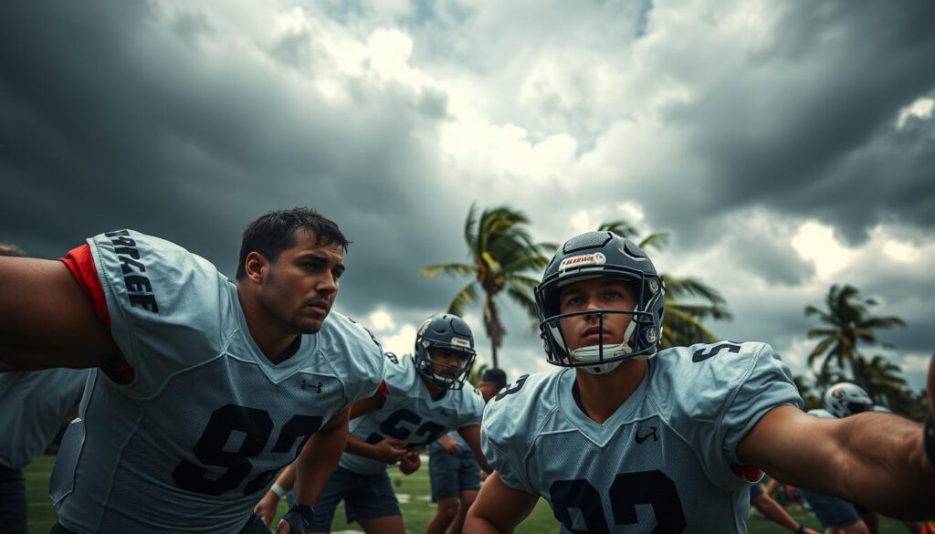 A dynamic scene capturing North Fort Myers football players training rigorously in extreme weather, showcasing the heat and stormy conditions typical of Southwest Florida. In the foreground, athletes in modest athletic wear practice drills, sweat glistening on their brows, showing determination. In the middle ground, dark storm clouds loom above, hinting at an approaching storm, with raindrops beginning to fall. The background features palm trees swaying in the gusty wind, emphasizing the intensity of the environment. The lighting is dramatic, with contrasting bright patches where sunlight breaks through the clouds, creating an urgent and gritty atmosphere. The angle is slightly low, giving a sense of action and resilience, highlighting the athletes pushing through the challenges, embodying the grit of the Gulf Coast gridiron. A dynamic scene capturing North Fort Myers football players training rigorously in extreme weather, showcasing the heat and stormy conditions typical of Southwest Florida. In the foreground, athletes in modest athletic wear practice drills, sweat glistening on their brows, showing determination. In the middle ground, dark storm clouds loom above, hinting at an approaching storm, with raindrops beginning to fall. The background features palm trees swaying in the gusty wind, emphasizing the intensity of the environment. The lighting is dramatic, with contrasting bright patches where sunlight breaks through the clouds, creating an urgent and gritty atmosphere. The angle is slightly low, giving a sense of action and resilience, highlighting the athletes pushing through the challenges, embodying the grit of the Gulf Coast gridiron.