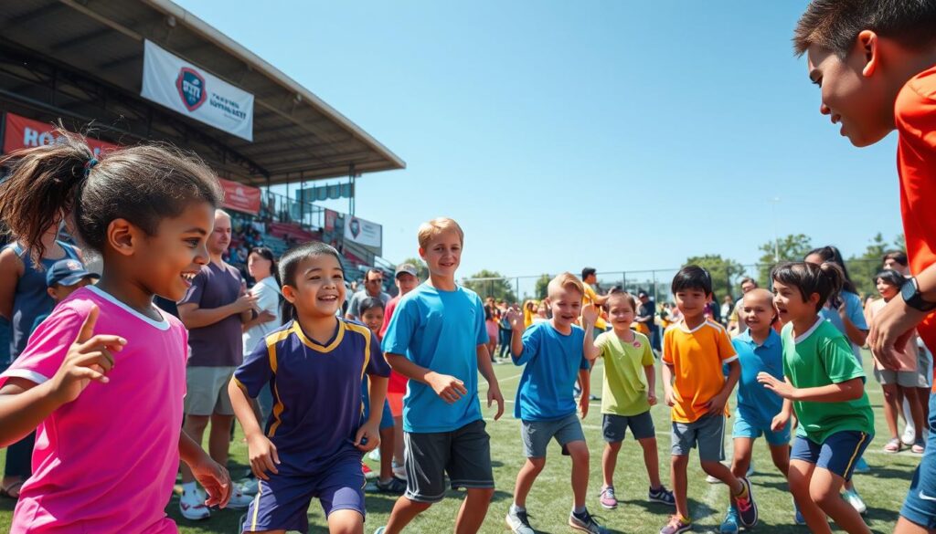 A dynamic scene capturing the essence of an annual youth sports tournament, filled with excitement and camaraderie. In the foreground, young athletes, dressed in colorful uniforms, engage in spirited competition, showcasing their skills in various sports such as soccer, basketball, and volleyball. Their expressions exhibit determination and joy. In the middle ground, parents and coaches cheer enthusiastically, creating a vibrant atmosphere of community support. The background features a well-maintained sports field under a clear blue sky, with banners showcasing the tournament’s logo. The lighting is bright and cheerful, suggesting a sunny day, with natural sunlight casting soft shadows. Capture this moment from a slightly elevated angle to emphasize the energy and engagement of the crowd surrounding the competition.