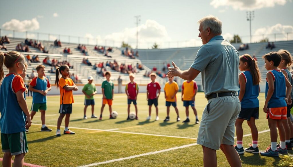 A dynamic scene depicting a youth sports coach mentoring young athletes on a vibrant sports field. In the foreground, a passionate coach, dressed in a neat polo and shorts, enthusiastically demonstrates a technique to a diverse group of attentive young athletes, aged 10-15, wearing colorful team uniforms. In the middle ground, several athletes engage in practice, showcasing teamwork and collaboration while receiving constructive feedback from the mentor. The background features a sunny sky, with bleachers filled with supportive parents observing. Soft, warm lighting enhances the positivity and camaraderie of the moment. The composition should feel inviting and inspiring, encapsulating the essence of coaching styles and mentorship philosophy in youth sports. Capture this scene with a slightly elevated perspective, using a wide-angle lens to emphasize the energetic environment.