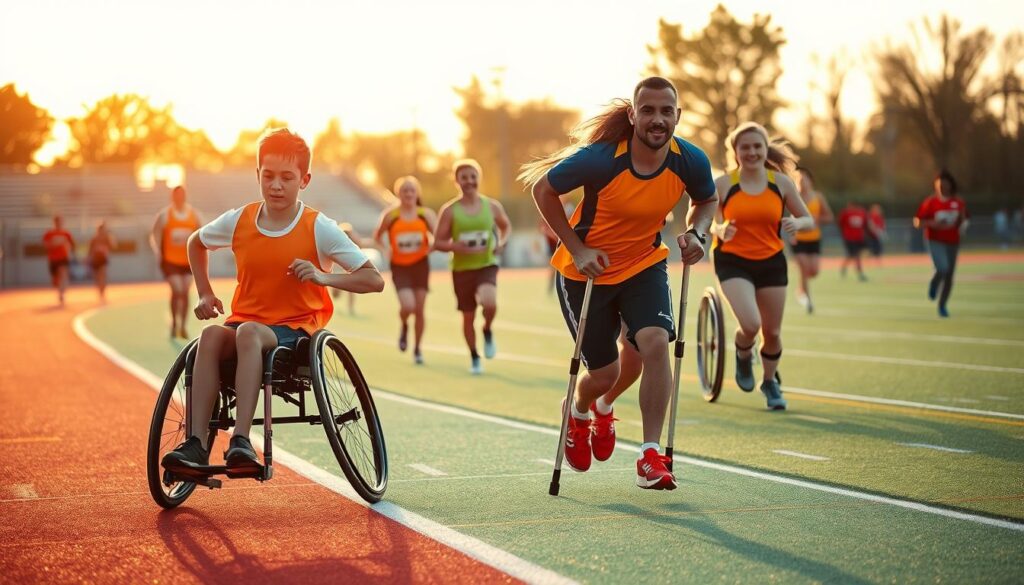 A dynamic scene showcasing a diverse group of adaptive sports athletes in action on a vibrant sports field. In the foreground, a young man in a wheelchair races alongside a girl using crutches, both wearing bright athletic gear that highlights their determination and spirit. The middle ground features a visually impaired athlete skillfully navigating a running track with a guide, their expressions filled with focus and intensity. In the background, teammates celebrate, adding a sense of camaraderie and support. The lighting is warm and inviting, with a golden hour glow enhancing the uplifting atmosphere. A wide-angle perspective captures the energy of the moment, emphasizing inclusivity and joy in sports.