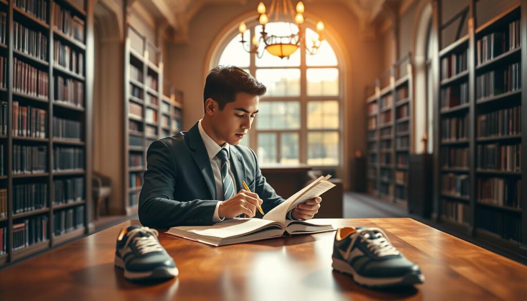 A focused academic athlete in a library setting, showcasing a balance of physical prowess and intellectual engagement. In the foreground, a young man in a crisp, tailored athletic suit sits at a wooden study table, intensely reading a textbook while holding a pencil. His athletic shoes are neatly placed beside him, symbolizing his dual commitment. The middle ground features elegantly lined bookshelves filled with academic tomes and trophies, hinting at his achievements in both sports and studies. The warm, soft lighting from an overhead chandelier bathes the scene in an inviting glow, creating a serene atmosphere. In the background, large windows reveal a sunny campus, adding to the inspirational ambiance. The composition captures the essence of academic excellence and the spirit of athletics, emphasizing concentration and dedication.