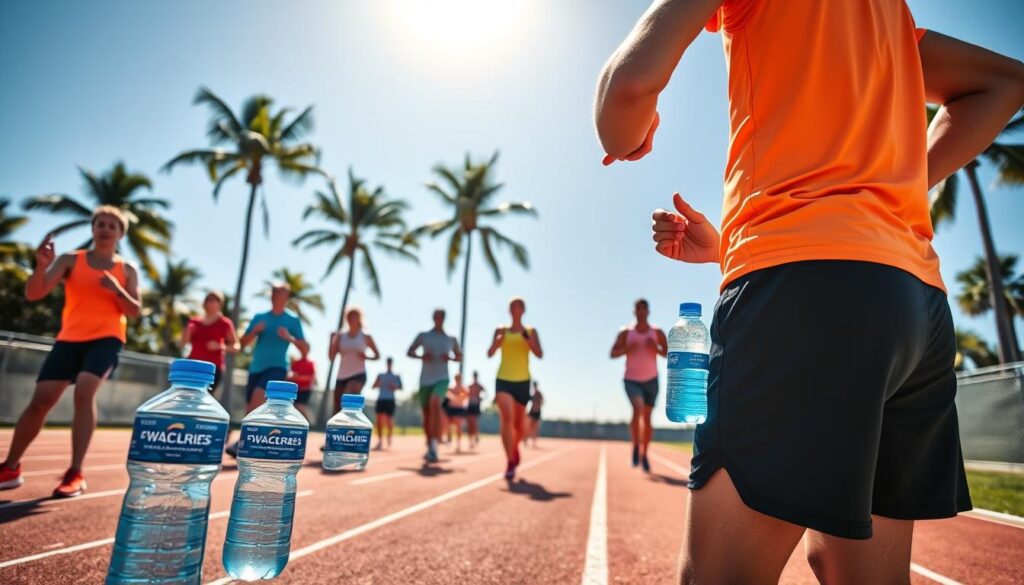 A group of runners in Florida, wearing bright athletic gear, engaged in a training session on a sunlit running track. In the foreground, a coach, dressed in modest athletic attire, demonstrates hydration techniques and offers encouragement. The middle ground features diverse runners practicing warm-up stretches, with tropical palm trees swaying gently in the background against a clear blue sky. The scene is bathed in warm sunlight, casting dynamic shadows on the track. A close-up on water bottles and electrolyte supplements emphasizes hydration strategies. The atmosphere is energetic and motivating, capturing the essence of Florida summer training. The angle is slightly elevated, providing a comprehensive view of the activity while ensuring the focus remains on the runners and coaching interaction. A group of runners in Florida, wearing bright athletic gear, engaged in a training session on a sunlit running track. In the foreground, a coach, dressed in modest athletic attire, demonstrates hydration techniques and offers encouragement. The middle ground features diverse runners practicing warm-up stretches, with tropical palm trees swaying gently in the background against a clear blue sky. The scene is bathed in warm sunlight, casting dynamic shadows on the track. A close-up on water bottles and electrolyte supplements emphasizes hydration strategies. The atmosphere is energetic and motivating, capturing the essence of Florida summer training. The angle is slightly elevated, providing a comprehensive view of the activity while ensuring the focus remains on the runners and coaching interaction.