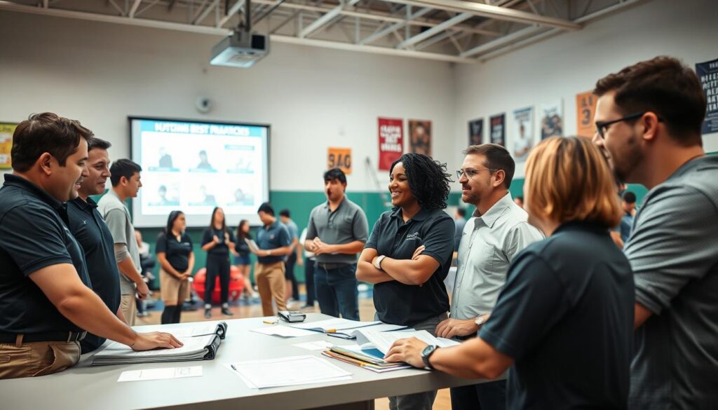A group of youth league coaches and mentors engaged in a dynamic training session, focusing on effective coaching strategies and mentorship techniques. In the foreground, a diverse group of coaches in professional attire, including polo shirts and khakis, are gathered around a training manual and certification documents on a table, actively discussing and exchanging ideas with enthusiasm. In the middle ground, a projector displays slides on coaching best practices, while other participants engage in role-playing scenarios. The background features a well-lit gymnasium with sports equipment and motivational posters on the walls. The atmosphere is vibrant and inspirational, emphasizing teamwork and professional development in a supportive environment. Soft, natural lighting creates an inviting feel, capturing the essence of growth and leadership in youth sports.