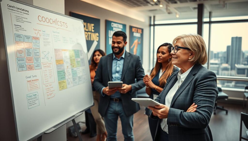 A professional, modern office setting depicting a group of diverse coaches engaged in a dynamic brainstorming session. In the foreground, a middle-aged female coach passionately presenting her ideas, wearing a smart blazer and glasses, standing next to a large whiteboard filled with colorful diagrams and strategies. In the middle, three coaches of varying ethnicities listening intently, one taking notes on a tablet, while another points towards the board, reflecting collaboration and innovation. The background features a well-lit, contemporary office space with motivational sports posters and a large window revealing a cityscape. The overall mood is inspirational and uplifting, emphasizing teamwork and dedication, with warm lighting that adds a sense of positivity and achievement.