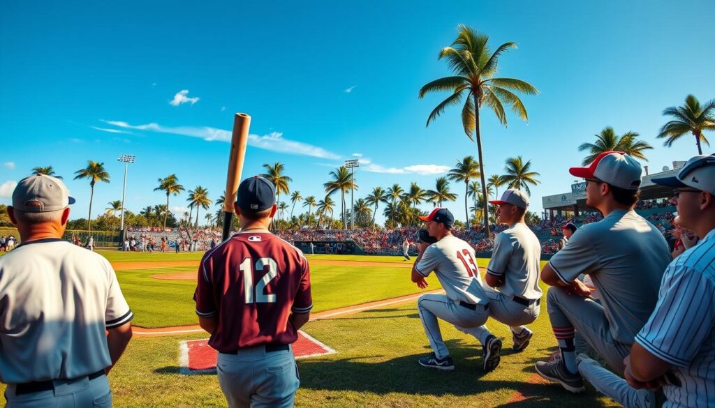 A scenic image of a wooden bat tournament in Fort Myers, Florida, capturing the vibrant energy of October baseball. In the foreground, diverse players dressed in smart casual baseball uniforms focus intently on the game, displaying determination and camaraderie. The middle ground features a well-maintained baseball field with lush green grass and chalk-white baselines, surrounded by a cheering crowd of families and friends. In the background, the picturesque palm trees swaying gently under a bright blue sky create a tropical atmosphere, while the warm sunlight casts soft shadows across the field, enhancing the lively mood. Use a wide-angle lens to emphasize the dynamic scene and create an inviting, nostalgic ambiance, embodying the spirit of baseball in paradise.