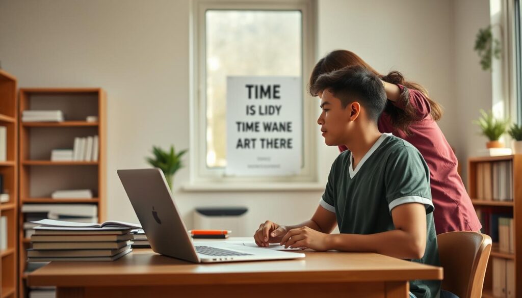 A serene study environment showcasing a young student athlete and their supportive parent and teacher engaged in a constructive dialogue. In the foreground, the athlete, dressed in a modest sports uniform, sits at a neatly organized desk with textbooks and a laptop, illustrating a balanced approach to academics. The middle scene features the parent and teacher, both in professional attire, leaning over the desk, providing guidance and encouragement. The background reveals a window with natural light streaming in, highlighting a motivational poster about time management on the wall. The atmosphere is warm and collaborative, emphasizing harmony between sports and studies. The lighting is soft and inviting, creating a focused, yet uplifting mood, perfect for fostering academic success amidst athletic commitments. A serene study environment showcasing a young student athlete and their supportive parent and teacher engaged in a constructive dialogue. In the foreground, the athlete, dressed in a modest sports uniform, sits at a neatly organized desk with textbooks and a laptop, illustrating a balanced approach to academics. The middle scene features the parent and teacher, both in professional attire, leaning over the desk, providing guidance and encouragement. The background reveals a window with natural light streaming in, highlighting a motivational poster about time management on the wall. The atmosphere is warm and collaborative, emphasizing harmony between sports and studies. The lighting is soft and inviting, creating a focused, yet uplifting mood, perfect for fostering academic success amidst athletic commitments.