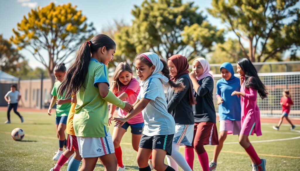A vibrant and dynamic scene showcasing a diverse group of young girls participating in various sports activities, symbolizing inclusion and diversity initiatives in youth sports. In the foreground, a group of girls, representing different ethnicities, collaborate in a soccer drill, wearing colorful sports uniforms and engaged in teamwork. The middle ground features girls practicing basketball and volleyball, illustrating their enthusiasm and determination. The background displays a community sports complex with trees and a bright blue sky, emphasizing a welcoming environment. Warm, natural lighting filters through, creating an uplifting mood. The composition should convey energy and camaraderie, with a focus on ages ranging from 8 to 14, dressed in practical, modest athletic wear. The angle should be slightly elevated, capturing the action and unity among the girls without any text or distractions.